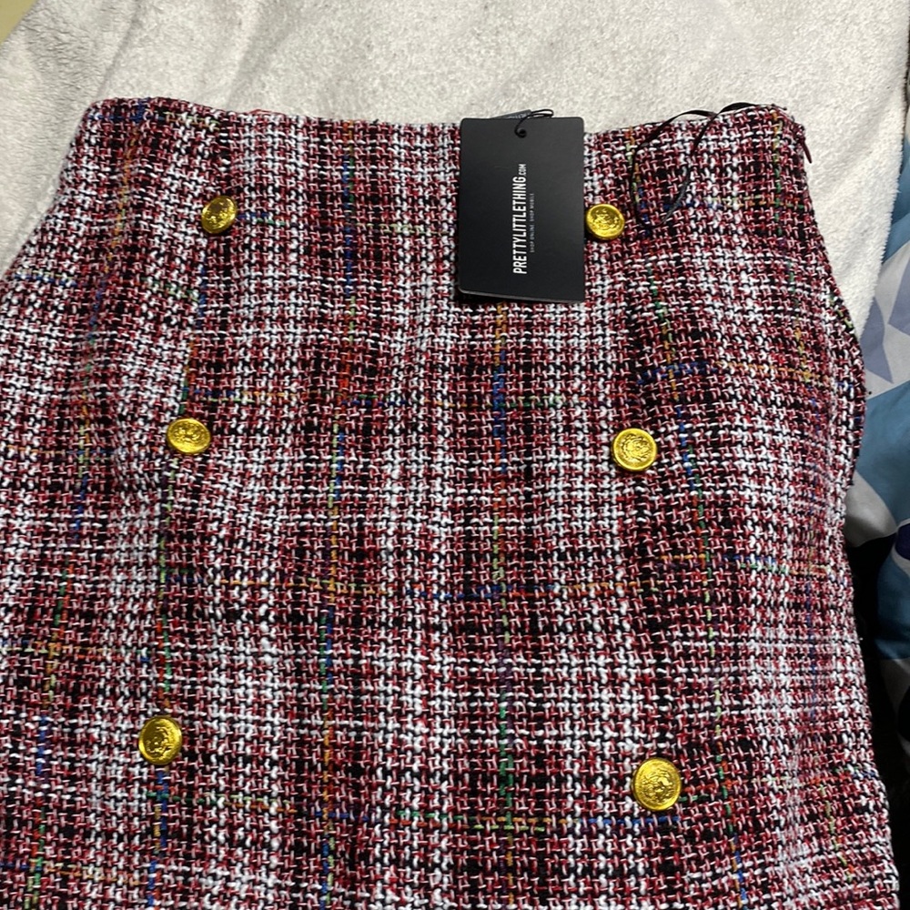 PrettyLittleThing Red Plaid Mini Skirt with Gold Buttons 16” waist